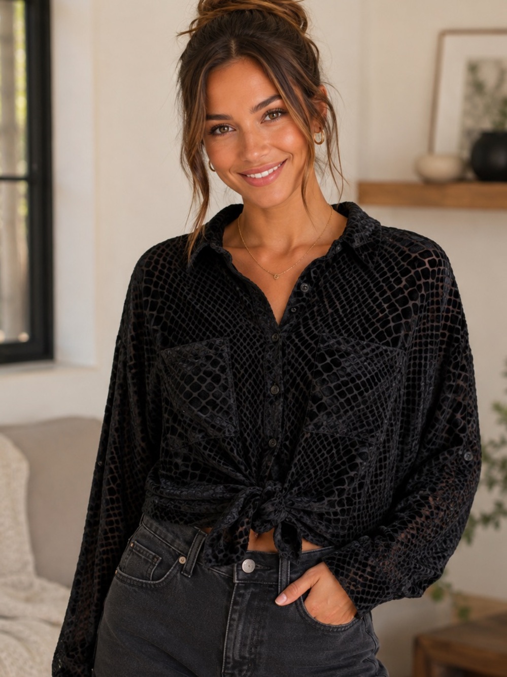 Dear John Yanis Embossed Velvet Snakeskin Burnout Button Down Blouse Top - XS